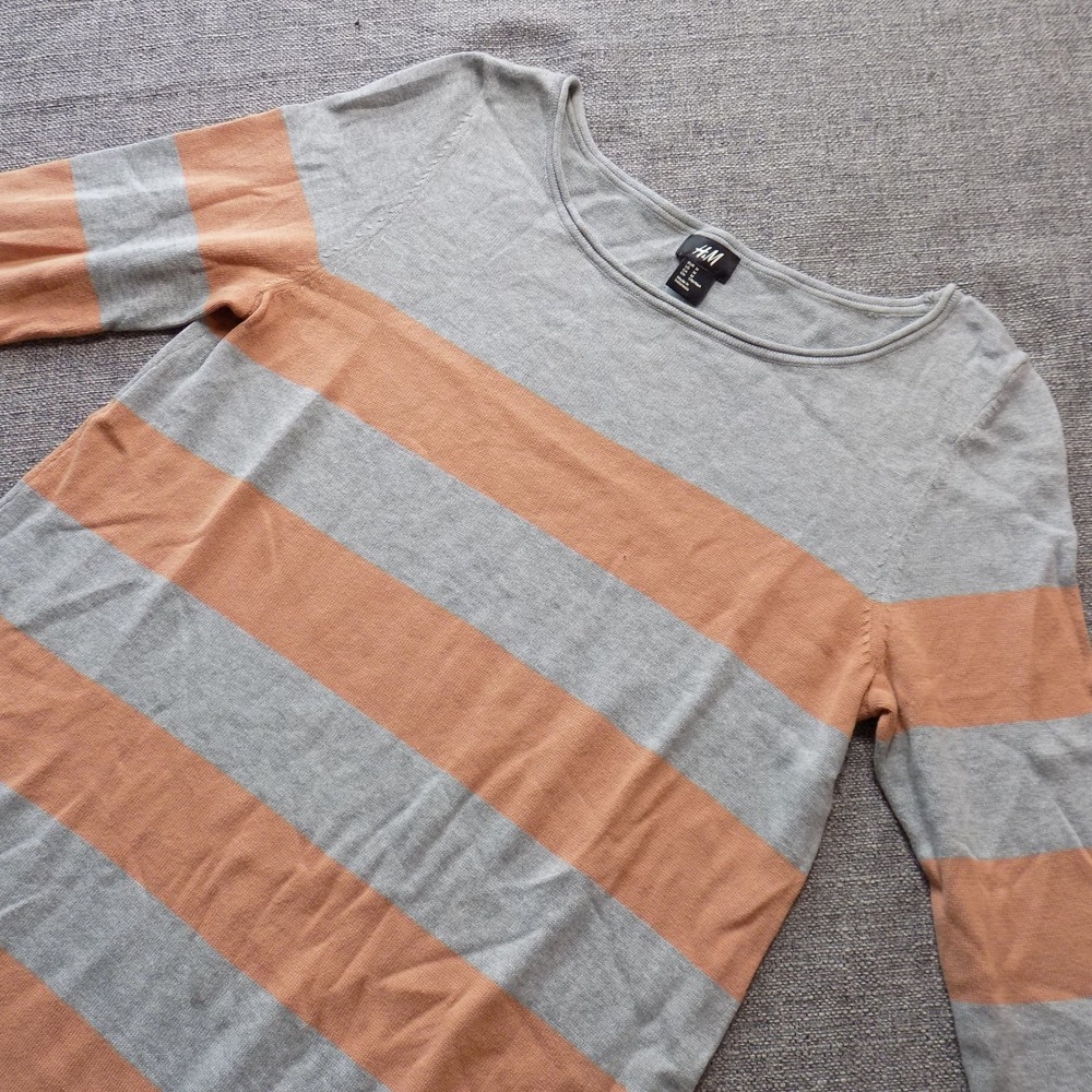 H&M Sweater Dress Womens M Grey Orange Good Striped 3/4 Sleeve Cotton Knit